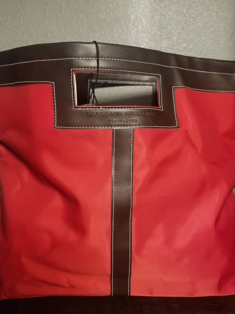 Carolina Herrera Red with Brown Leather Trim Tote